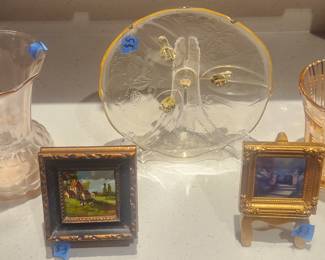 Footed Depression Glass Cake Plate, Two (2) Depression Glass Vases and Vintage Miniture Artwork