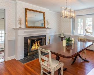 beautiful dining room table, gold mirror, side buffet and 4 dining room chairs. 