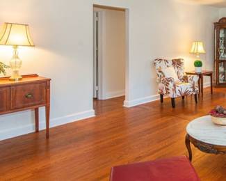 Side table buffet with nesting tables.  Glass armoire with glass decanters 