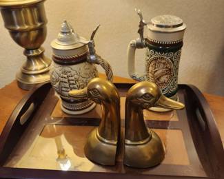 Beer Steins and Brass Duck Bookends