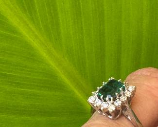 #171 - $800 - Chatham emerald with diamond bezel on white gold. 3.0gr. Size 7