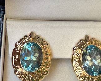 #172 - $750 - Pair of large blue topaz earrings on 14kt yellow gold french back post.