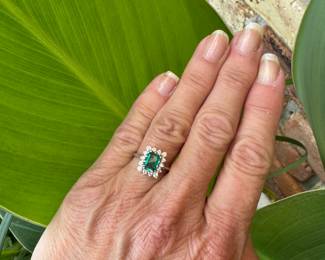 #171- $800 - Chatham emerald with diamond bezel on white gold. 3.0gr. Size 7