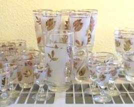 Vintage MCM Libbey Frosted Gold Leaf Barware Glasses