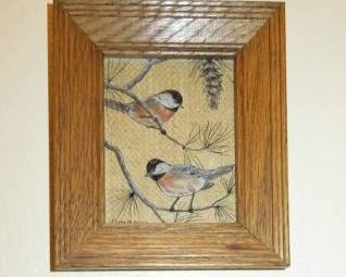 Mid Century Reverse Painting, Two Chickadee Birds perched on branches.