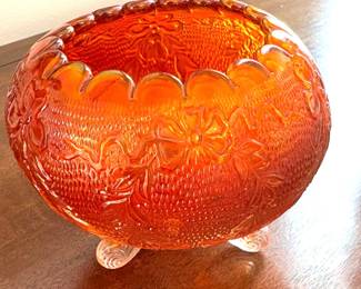 Fenton Garland & Bows Footed Glass Bowl, specifically in Marigold Carnival