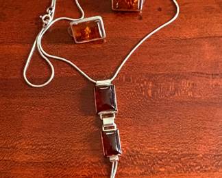Amber and Sterling Necklace and Clip-On Earrings 