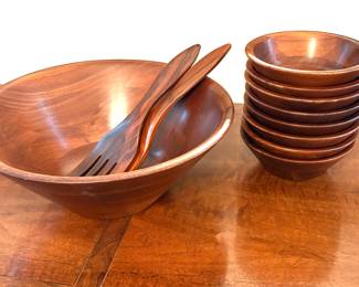 1970’s Handmade Burl Walnut 11 Piece Salad Bowl Set
