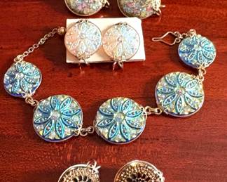 Castlecraft Miss Tahiti Bracelet and (3) Sets Earrings/Slide-on Gold Filled Wire Wrapped Blue Molded Iridescent Czech Glass/Hillcraft Jewelry/Swirls of Foliage