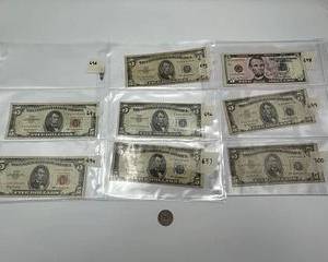Lot of $5 Dollar Bills, Red Stamps, Star Notes, 1953, 1963, 2006 (8)