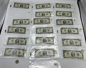 Lot of $2 Dollar Bills Series 1976, 1995, 2003, 2013 (17) incl star notes, good conditions, "fancy"