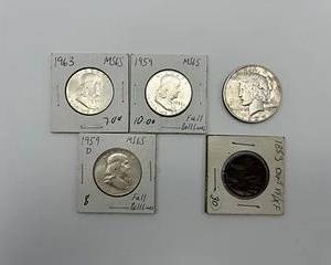 1853 One Cent, 1959 (2) & 1963 Franklin Half Dollar, 1934 Liberty Silver Dollar (5 Coins)