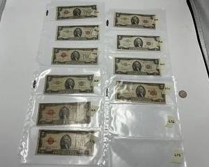 Lot of Red Stamp $2 Dollar Bills Series 1928, 1953, 1963 (10) incl star notes