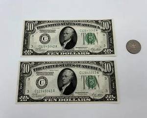 Sequential $10 Dollar Bills 1928 Series 12845042-43 (2)