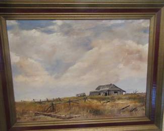 Western art of old house and fence line. Artist, James C. Turner. 16x24?
