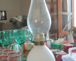 Applied blown gas oil lamp. Very nice, located in living room. Murano??