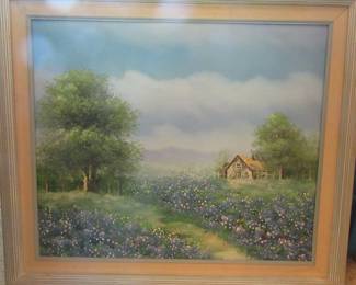 Bluebonnets oil painting be Delno. Nice frame. 14x20?? located in master bedroom.