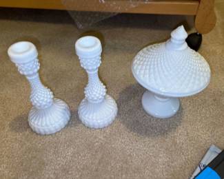 white milk glass diamond point covered candy dish and candlesticks