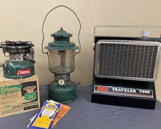 Vintage Zebco portable heater & Coleman camp lanterns
