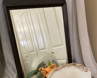 Solid wood antique mirror & transferware platter