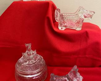 Clear glass Scottie creamers & candy dish