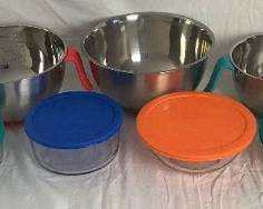 Kitchen Essentials Bundle - Stainless Steel Non Slip Bowls, Non Slip Pouring Bowls, Pyrex Covered Bowl Set