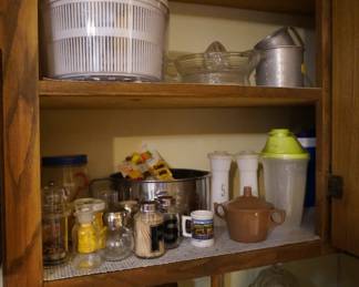 salt and pepper shakers, salad spinner, primitive kitchen