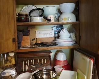 Pyrex, vintage pottery bowls, Pampered Chef, Corelle dishes, bread box, cutting boards, food processor
