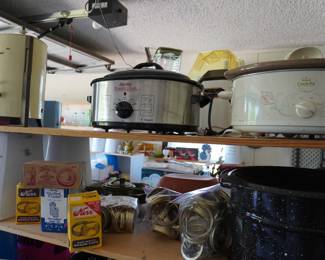crock pots, roaster, coffee pot, canning supplies