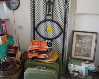 table, vintage hard green luggage, OSU stadium seats