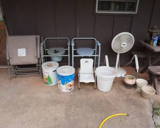 handicap equipment, tins, fan, flower pots, lawn chairs