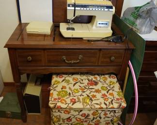 sewing machine, cabinet, sewing stool