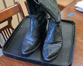 Lizard and tooled leather cowboy boots