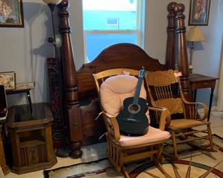Mid century headboard and side tables, rocking chairs and guitar