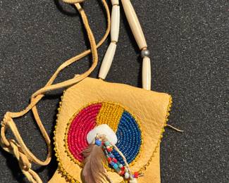Medicine Bag with beadwork, Leather and horn beads
