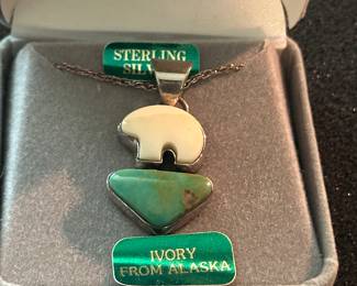 Vintage Sterling Silver and Ivory Polar Bear Necklace from Alaska