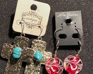 Silver cross with turquois earrings and blown glass earrings