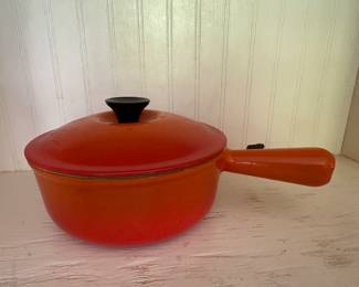 Le Creuset Red Orange Cast Iron Sauce Pan Pot FRANCE Vintage With Lid