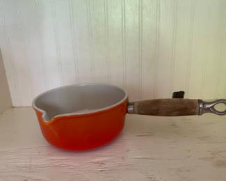 Vintage Le Creuset Sauce Pan with Wood Handle Pour Spout France Flame Orange