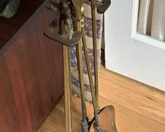 Vintage Art Deco Style Brass Equestrian Horse Head Fireplace Tools Set & Stand