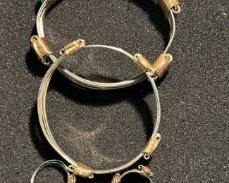 VINTAGE STERLING SILVER & 14K YELLOW GOLD FILLED WIRE WRAPPED BANGLE BRACELET AND RINGS. These are called Elephant bracelets and rings. They are adjustable by sliding the bands.
