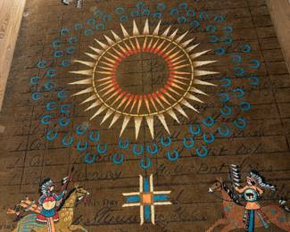 7 8” x 10 9” Battle Records Rug. Designed by Sioux Tribe member using ledger art style