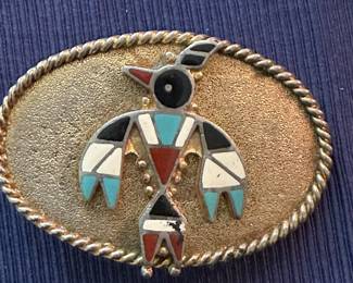 Zuni Thunderbird belt buckle with turquois, red onyx and other unique stones inlayed to create the design. Roped edge with a fine blasted background