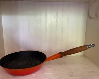 Vintage Le Creuset Wood Handled fry pan Skillet Flame Orange Enamel cast iron