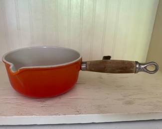 Pot with vintage spout Le Creuset orange enamelled cast iron and wooden handle Vintage made in France 1970