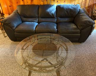 Leather Sofa and Iron with Glass top Coffee Table 