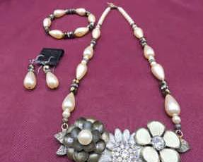 Brens Creations Three Piece Custom Jewelry Set With Pearls Rhinestones  Flowers
