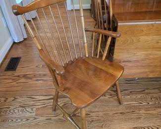 STICKLEY dropleaf dining table (70.3x 43.8x29.8) fully extended; (48.6x43.8x29.8) one leaf down; (27x43.8x29.8) both leaves down; with 2 arm chairs and 4 regular chairs. Set $1600
