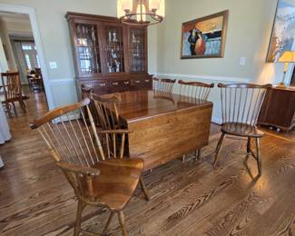 STICKLEY dropleaf dining table (70.3x 43.8x29.8) fully extended; (48.6x43.8x29.8) one leaf down; (27x43.8x29.8) both leaves down; with 2 arm chairs and 4 regular chairs. Set $1600