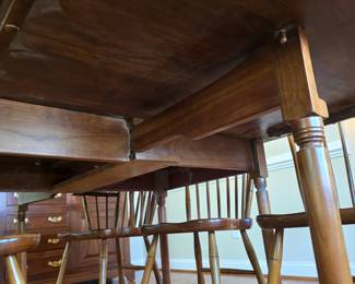 STICKLEY dropleaf dining table (70.3x 43.8x29.8) fully extended; (48.6x43.8x29.8) one leaf down; (27x43.8x29.8) both leaves down; with 2 arm chairs and 4 regular chairs. Set $1600